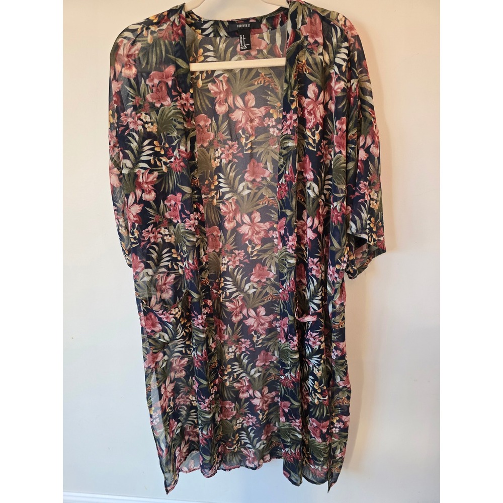Forever 21 Women Tropical Floral Kimono Sheer Open Front Cardigan Black Small